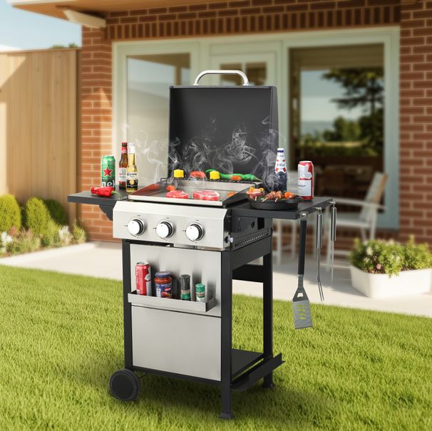 3-Burner Propane Gas BBQ Grill, SS Plancha, 36900BTU Output With Wire Enamel Cooking Grids For Outdoor Barbecue, Foldable Side Table, Hanging Basket, Stainless Steel_maomaolike.com