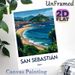San Sebastián Coastal City Travel Landscape Painting Poster, Vibrant Stylized Seaside Cityscape With Curving Beach & Hillside Fortress Poster_maomaolike.com