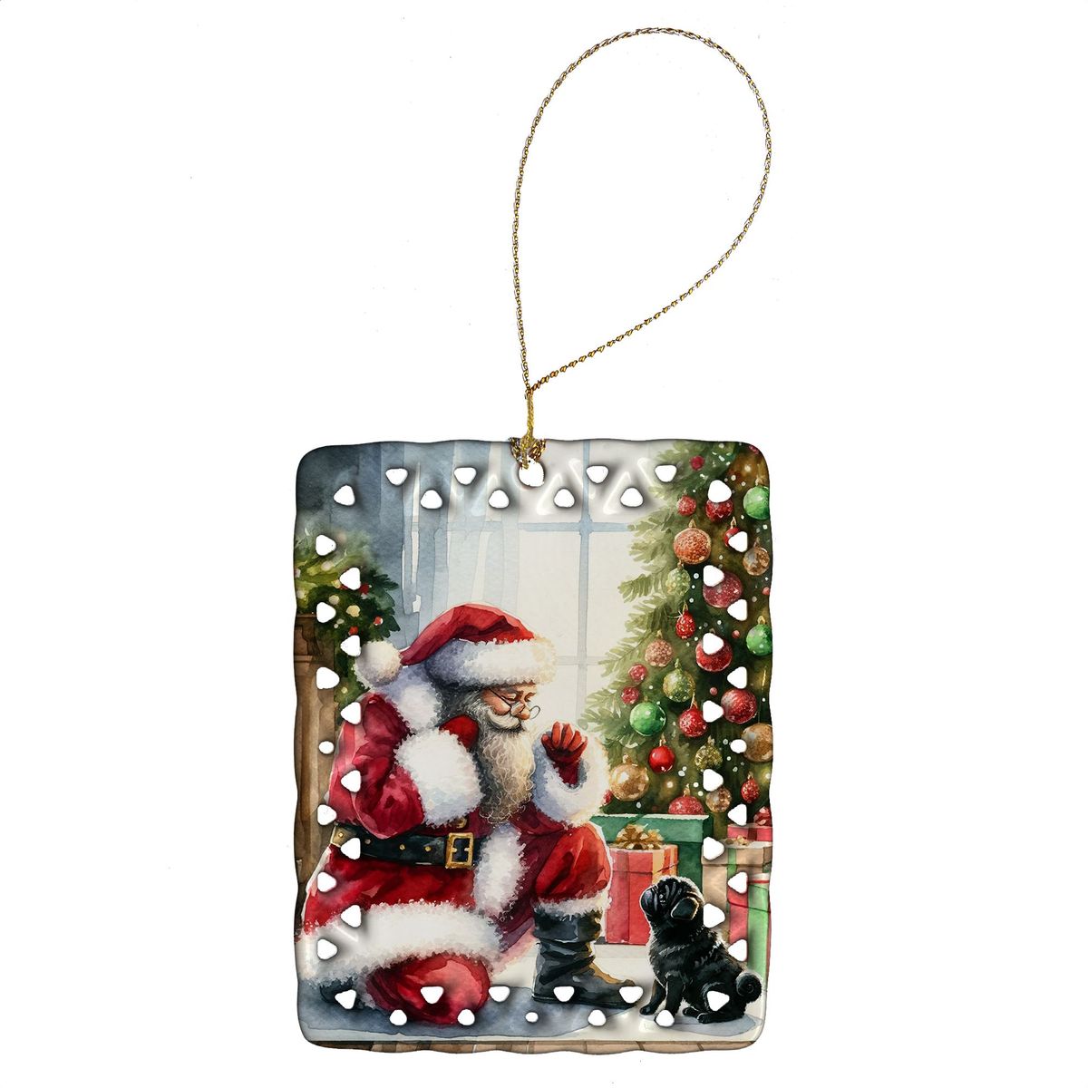 Black Pug And Santa Claus Porcelain Ornament Christmas Tree Hanging Decorations For Home Christmas Holiday, Rectangle, Gift, Multicolor_maomaolike.com