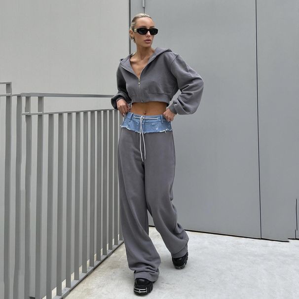 Women's Clothing Zipper hooded sweater pants suit denim stitching two-piece trousers_maomaolike.com