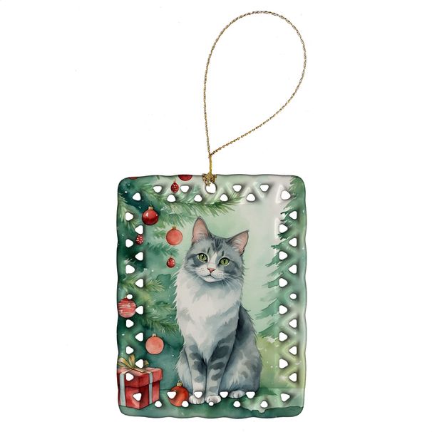 Australian Mist Cat By The Christmas Tree Porcelain Ornament Christmas Tree Hanging Decorations For Home Christmas Holiday, Rectangle, Gift, Multicolor_maomaolike.com