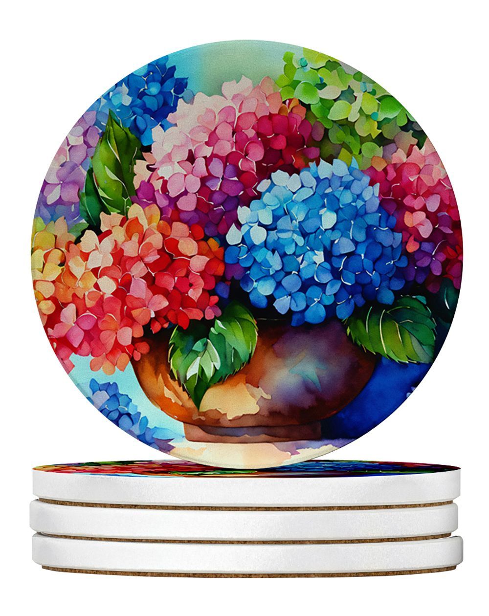 Hydrangeas In Watercolor Large Sandstone Coasters Pack Of 4 Absorbent Round Coasters Decor Gifts For Men Or Women, 4 In, Multicolor_maomaolike.com