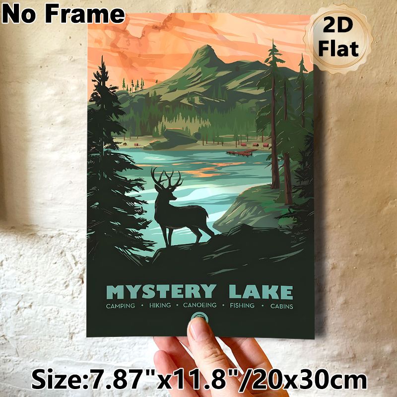 Mystery Lake Outdoor Landscape Painting Poster, Vibrant Retro-style Scenic Lake & Mountain With Deer Silhouette Poster, Rustic Natural Touch Ideal For_maomaolike.com