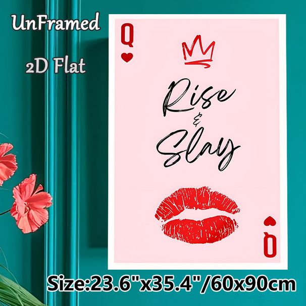 Queen Of Hearts Poker Themed Painting Poster, Stylish Minimalist Pink Poster With Crown, Lip Print & "Rise & Slay" Quote, Inspirational Wall Decor For_maomaolike.com
