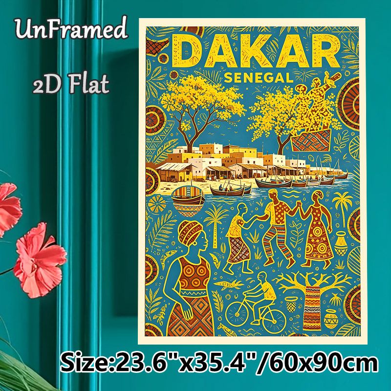 Dakar Senegal Folk Style Painting Poster, Vibrant Ethnic Art Scene Poster, Captures Authentic Local Village & Waterfront Life, Ideal For Home Wall_maomaolike.com