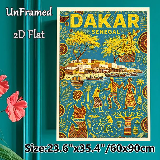 Dakar Senegal Folk Style Painting Poster, Vibrant Ethnic Art Scene Poster, Captures Authentic Local Village & Waterfront Life, Ideal For Home Wall_maomaolike.com