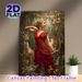 Mythological Huntress Painting Poster, Vintage Oil Style Forest Scene Poster, Elegant Huntress In Red Dress With Bow And Deer, Tasteful Decorative_maomaolike.com