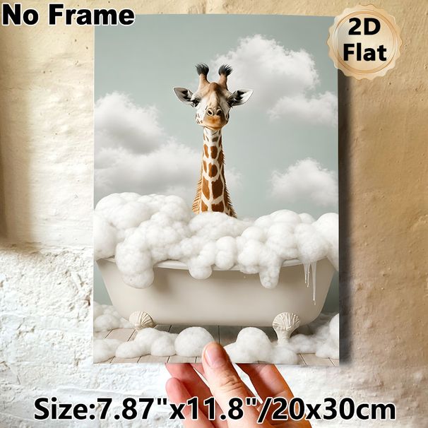 Giraffe In Bathtub Painting Poster, Whimsical Playful Giraffe With Foam Bath Scene Poster, Lighthearted Decorative Accent For Bathroom, Living Room_maomaolike.com