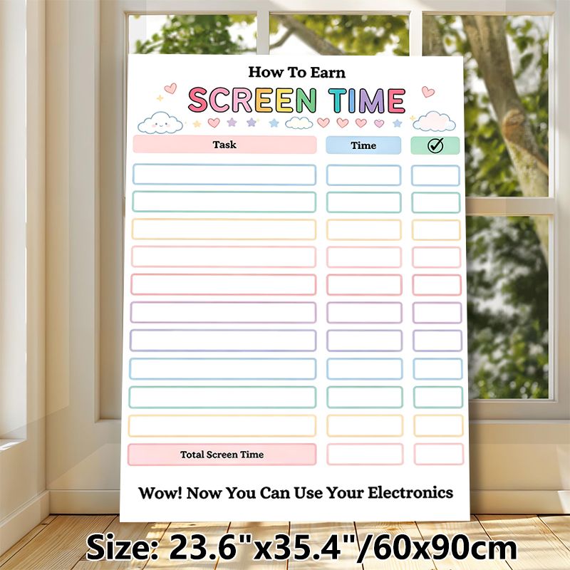 Screen Time Reward Chart Painting Poster, Pastel-colored Cute Cartoon Style Poster, Practical Tracker To Record Tasks And Earn Screen Time, Ideal For_maomaolike.com