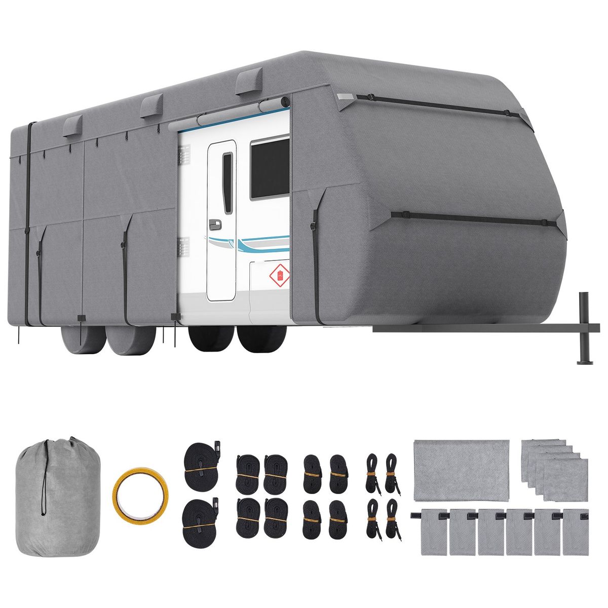 Travel Trailer Cover, 20-22 Ft RV Cover, 4-Layer Non-Woven Fabric Camper Cover, Waterproof, Windproof And Rip-Stop Class A RV Cover, With Storage Bag, Repair Patches, Straps And Tire Covers_maomaolike.com