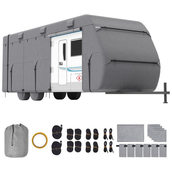 Travel Trailer Cover, 20-22 Ft RV Cover, 4-Layer Non-Woven Fabric Camper Cover, Waterproof, Windproof And Rip-Stop Class A RV Cover, With Storage Bag, Repair Patches, Straps And Tire Covers_maomaolike.com