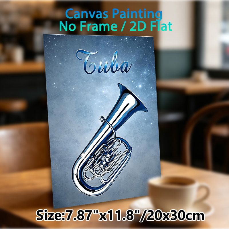 Tuba Themed Painting Poster, Shiny Metallic Blue-toned Poster, Elegant Music-inspired Decor Featuring Glossy Tuba On Starry Textured Backdrop, Ideal_maomaolike.com