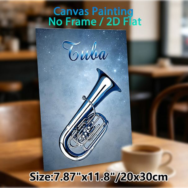 Tuba Themed Painting Poster, Shiny Metallic Blue-toned Poster, Elegant Music-inspired Decor Featuring Glossy Tuba On Starry Textured Backdrop, Ideal_maomaolike.com