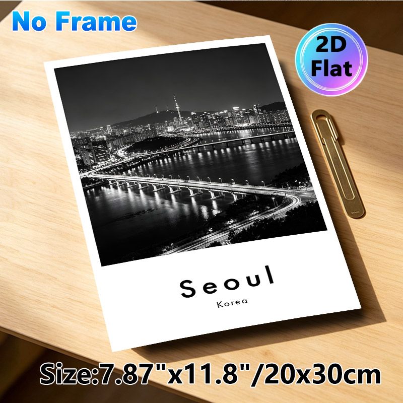 Seoul Night Cityscape Painting Poster, Monochrome Urban River & Bridge Skyline Poster, Stylish City Night View Decor Suitable For Living Room, Office_maomaolike.com