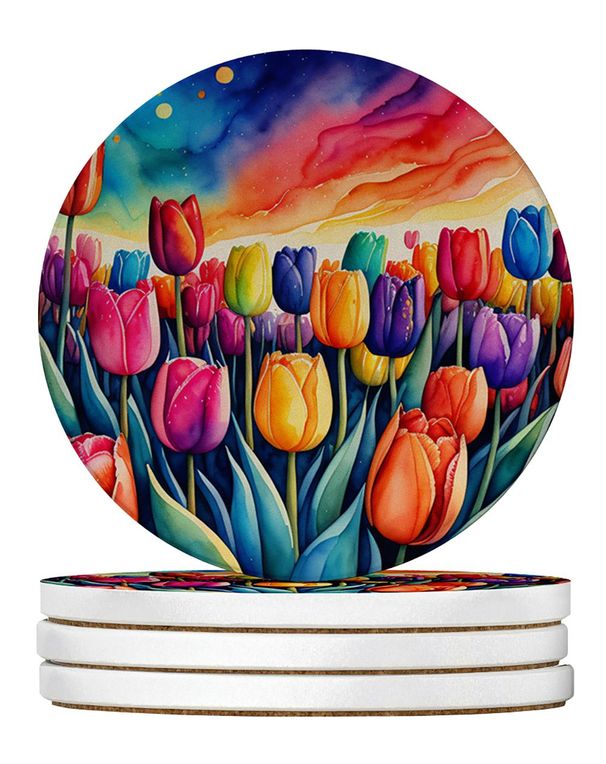 Colorful Tulips Large Sandstone Coasters Pack Of 4 Absorbent Round Coasters Decor Gifts For Men Or Women, 4 In, Multicolor_maomaolike.com