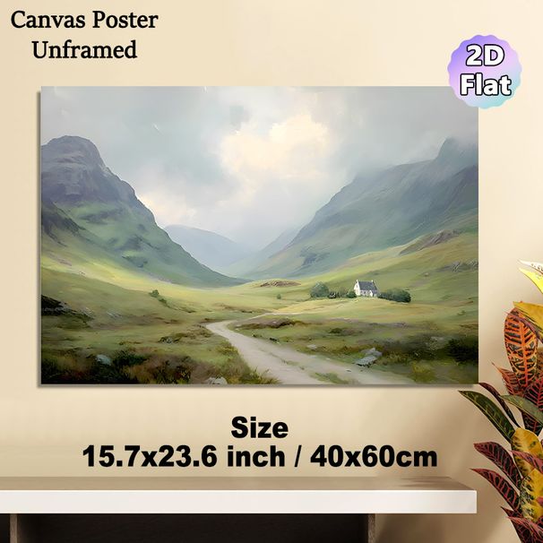 Valley Countryside Landscape Painting Poster, Soft-toned Misty Mountain Valley With Cottage Poster, Calming Natural Scenery Ideal For Living Room And_maomaolike.com