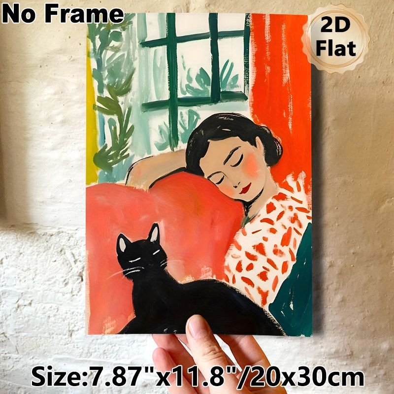 Woman & Black Cat Themed Painting Poster, Warm-toned Soft Brushstroke Cozy Indoor Scene Poster, Offers Tranquil Relaxing Atmosphere, Suitable For_maomaolike.com