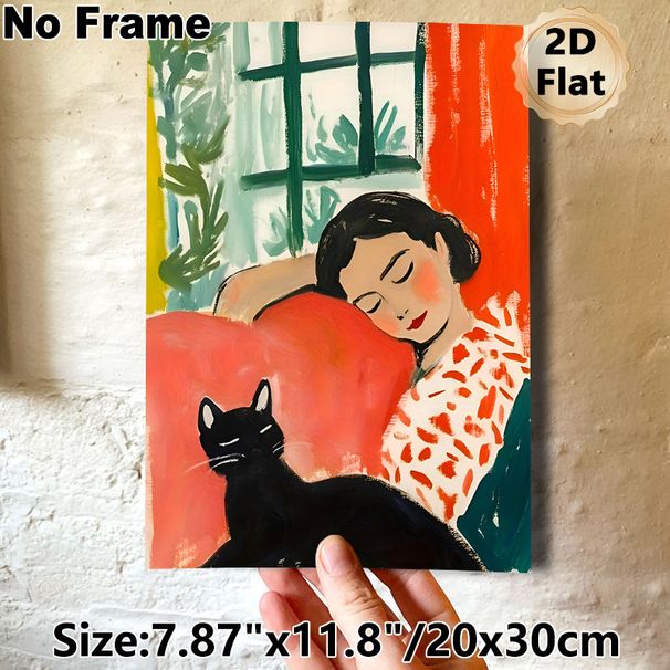Woman & Black Cat Themed Painting Poster, Warm-toned Soft Brushstroke Cozy Indoor Scene Poster, Offers Tranquil Relaxing Atmosphere, Suitable For_maomaolike.com