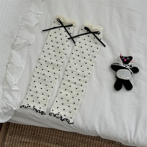 Vintage polka dot socks y2k Bow Pile socks Double needle socks women's slimming leg sleeves_maomaolike.com