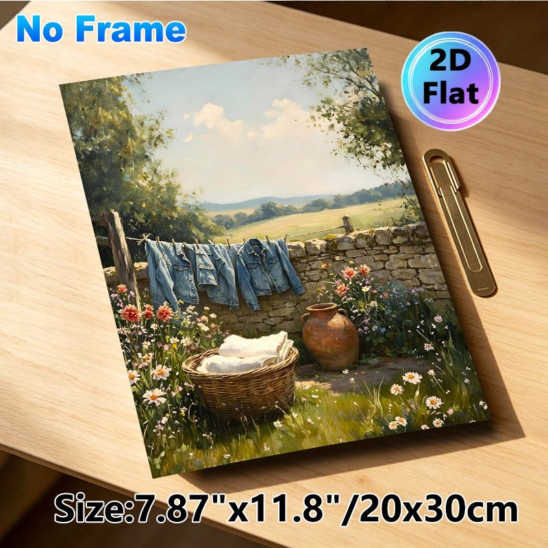 Rustic Countryside Laundry Scene Painting Poster, Warm-toned Impressionist-style Poster, Cozy Pastoral Design With Sunlit Yard, Denim Jackets_maomaolike.com