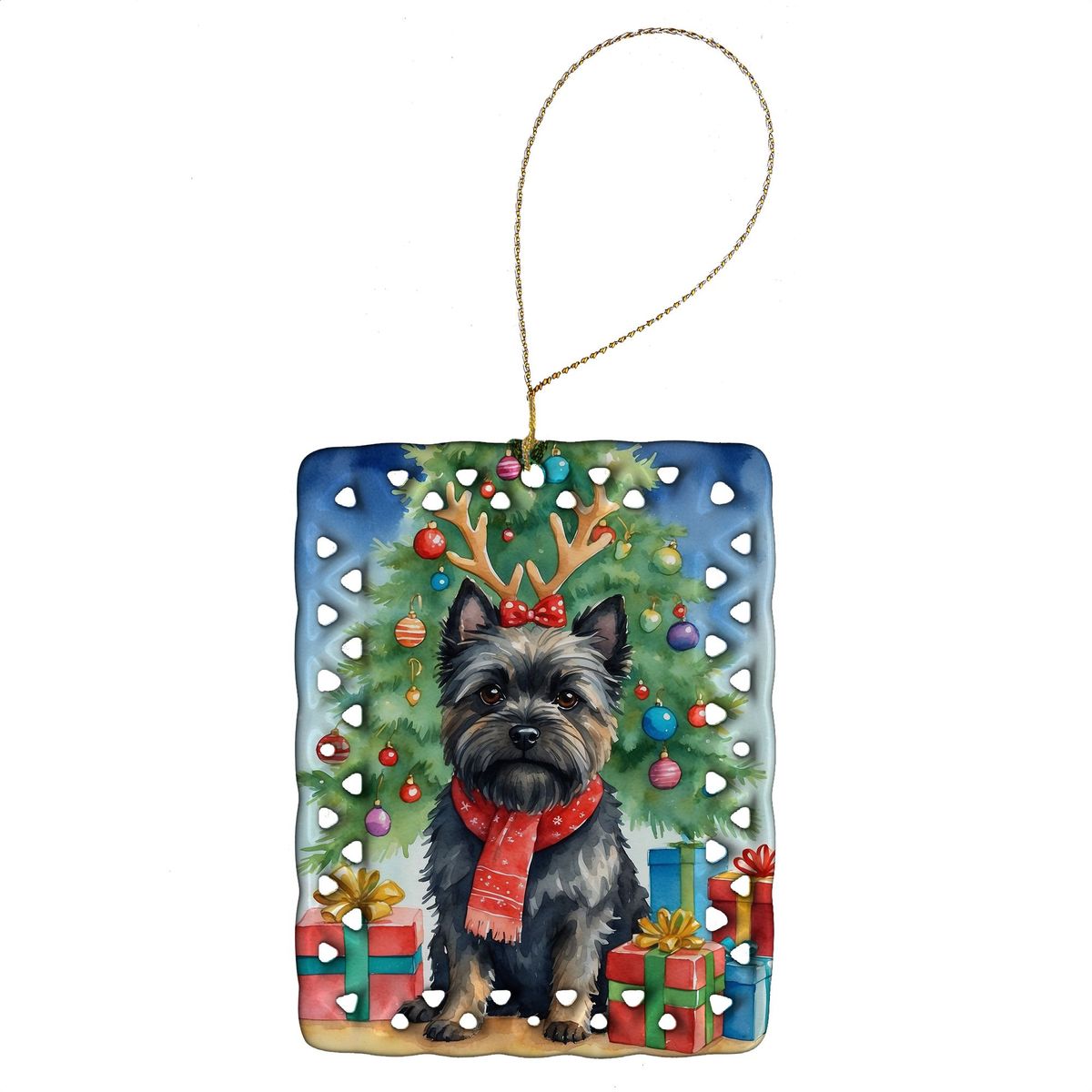 Black Cairn Terrier Christmas Reindeer Porcelain Ornament Christmas Tree Hanging Decorations For Home Christmas Holiday, Rectangle, Gift, Multicolor_maomaolike.com