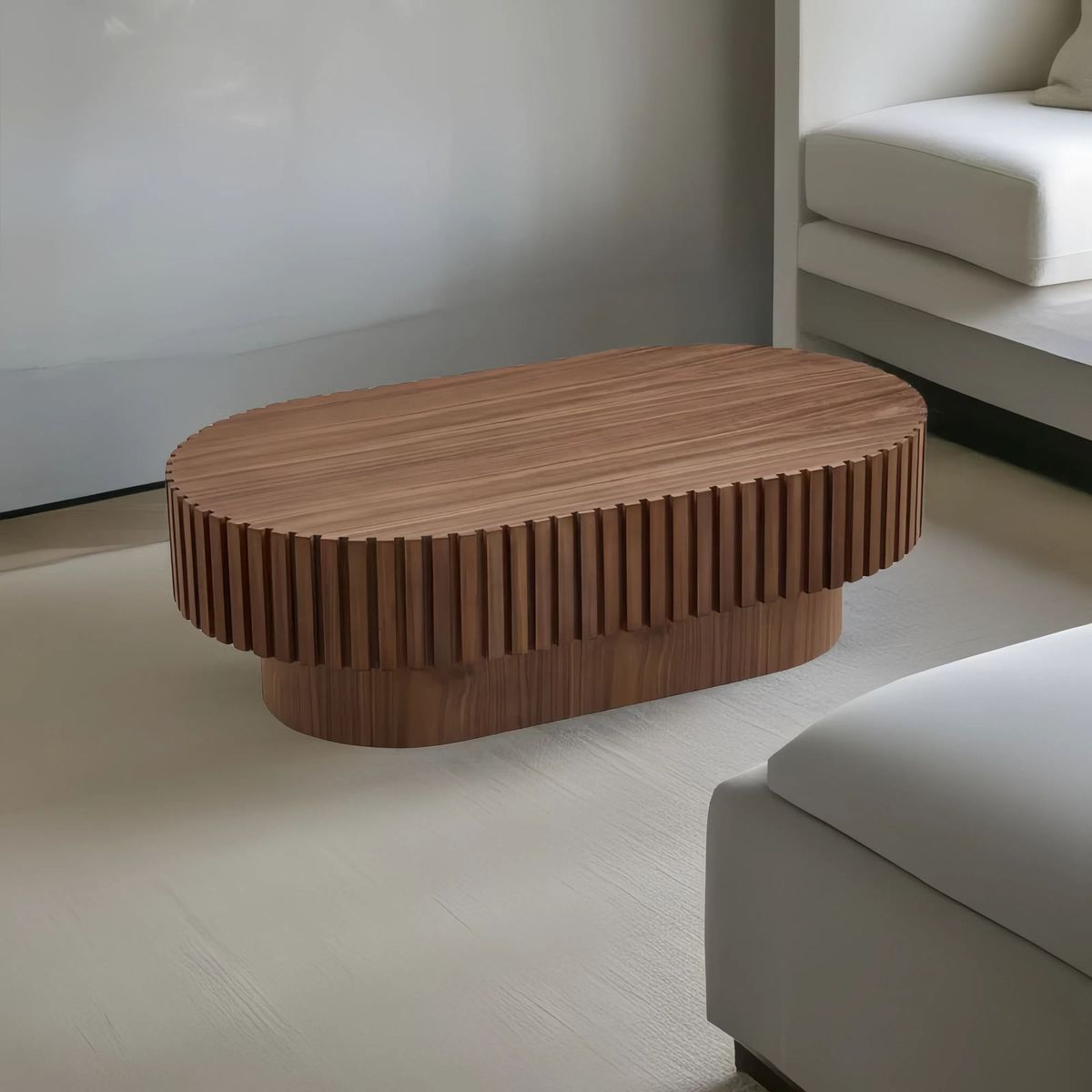 43.70 Inch Modern Handcraft Drum Coffee Table Oval Coffee Table For Living Room,Small Wooden Coffee Table With Sturdy Pedestal For Office_maomaolike.com