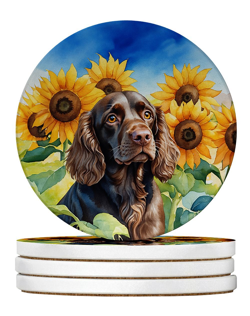 Boykin Spaniel In Sunflowers Large Sandstone Coasters Pack Of 4 Absorbent Round Coasters Decor Gifts For Men Or Women, 4 In, Multicolor_maomaolike.com