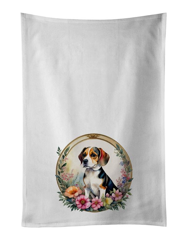 Beagle And Flowers Kitchen Towel Set Of 2 White Dish Towels Decorative Bathroom Hand Towel For Hand, Face, Hair, Yoga, Tea, Dishcloth, 19 X 28", White_maomaolike.com