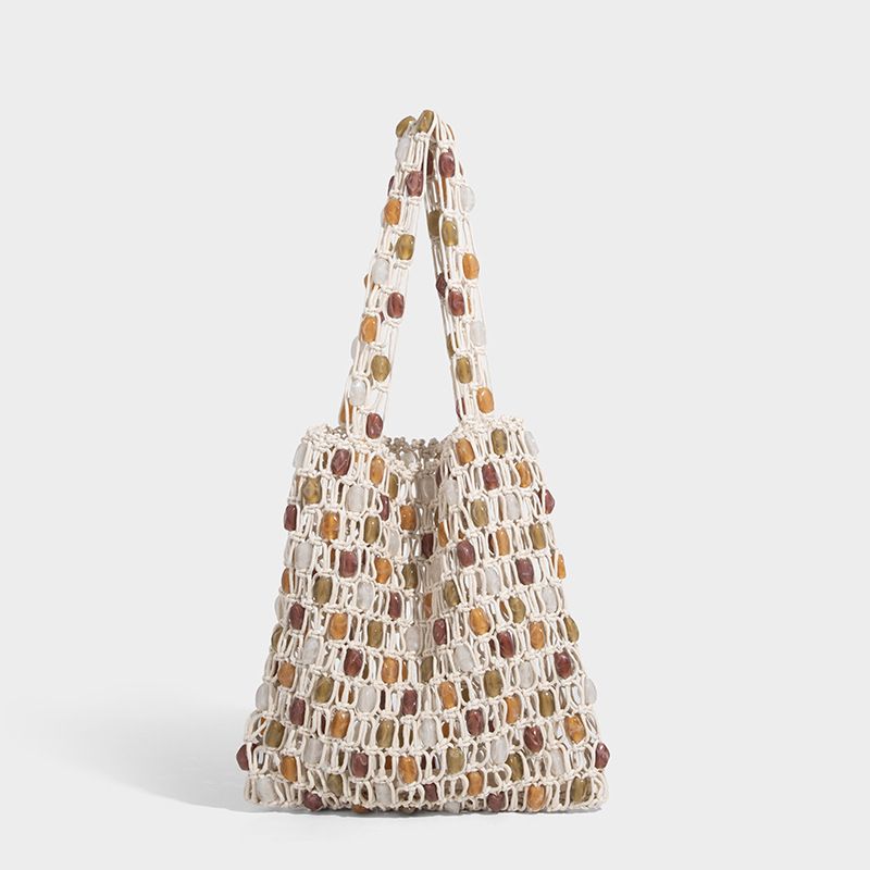 2026 New Cross-Border Handmade Niche Woven Color-Block Tote Beaded Mesh Bag Single Shoulder Handbag_maomaolike.com