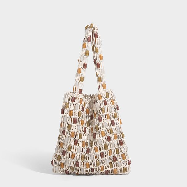 2026 New Cross-Border Handmade Niche Woven Color-Block Tote Beaded Mesh Bag Single Shoulder Handbag_maomaolike.com