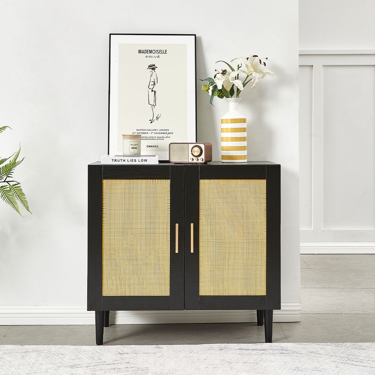 Side Panel Buffet Cabinet With Natural Rattan Door, Rattan Storage Cabinet With Adjustable Shelves, Side Panel And Buffet With Storage Space, Modern Console Cabinet In Bedroom And Living Room_maomaolike.com