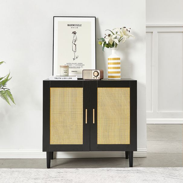 Side Panel Buffet Cabinet With Natural Rattan Door, Rattan Storage Cabinet With Adjustable Shelves, Side Panel And Buffet With Storage Space, Modern Console Cabinet In Bedroom And Living Room_maomaolike.com