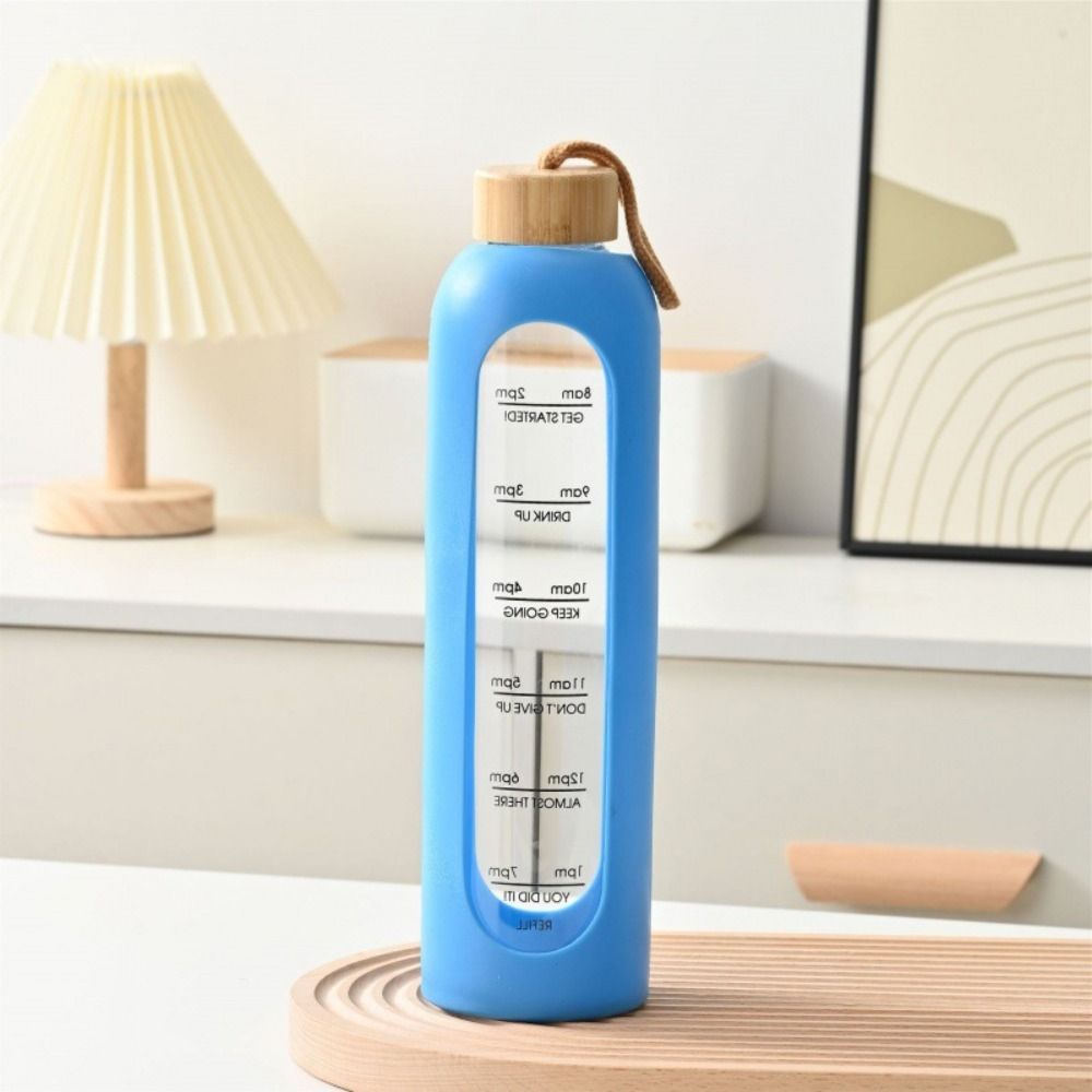 32oz 1L Time-marked Glass Water Bottles Drink Bamboo Lid Free Of Lead Motivational Sport Silicone Sleeve Bottle_maomaolike.com
