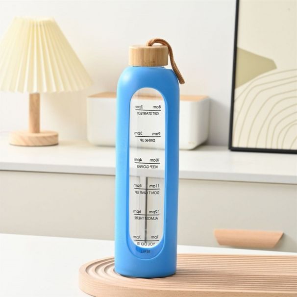 32oz 1L Time-marked Glass Water Bottles Drink Bamboo Lid Free Of Lead Motivational Sport Silicone Sleeve Bottle_maomaolike.com