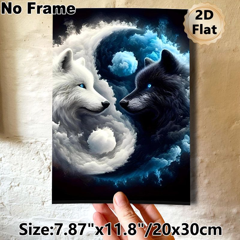 Yin-Yang Wolves Painting Poster, Mystical Surreal Cloud-Wrapped Poster, Striking Design With Glowing Blue-eyed Wolves, Suitable For Living Room And_maomaolike.com