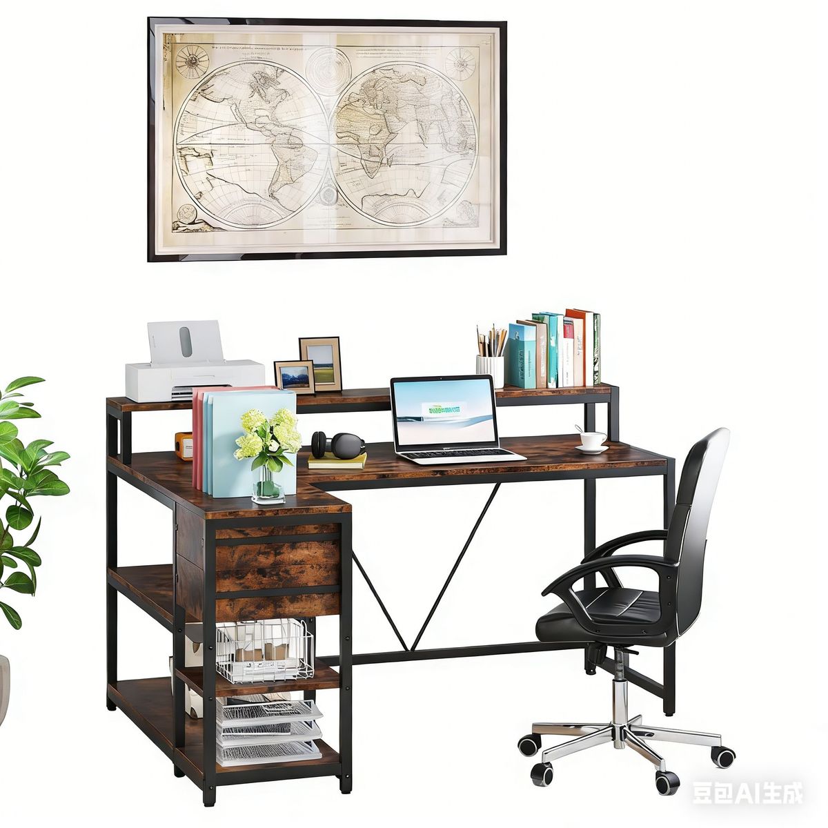L-Shaped Desk, Industrial Corner Desk With Drawer & Shelves_maomaolike.com