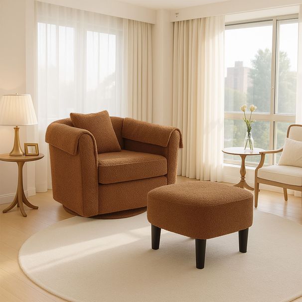 Swivel Accent Chair With Ottoman Set, Modern Chenille Barrel Armchair With Removable Back Pillow & 2 Armrest Covers For Living Room, Bedroom, Office, Yellow_maomaolike.com