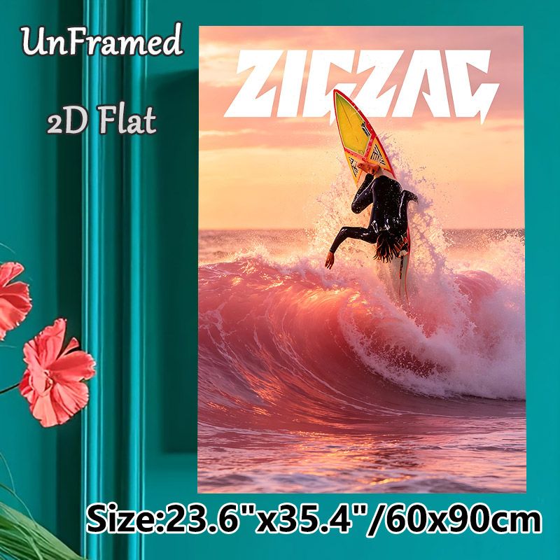 Surfing Themed Painting Poster, Vibrant Sunset Coastal Scene Poster, Features Dynamic Surfer Performing Trick In Pink-hued Waves, Adds Energetic_maomaolike.com