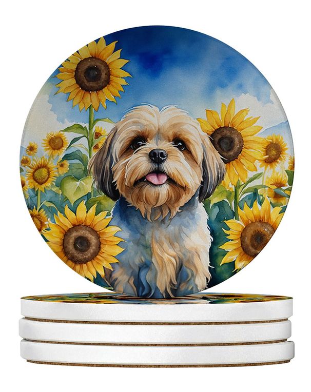 Lhasa Apso In Sunflowers Large Sandstone Coasters Pack Of 4 Absorbent Round Coasters Decor Gifts For Men Or Women, 4 In, Multicolor_maomaolike.com