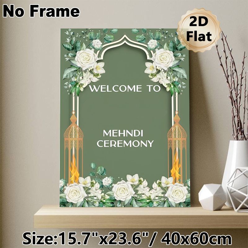 Mehndi Ceremony Welcome Painting Poster, Soft Green Watercolor Floral & Golden Lantern Poster, Elegant Decorative Sign Ideal For Mehndi Ceremony_maomaolike.com