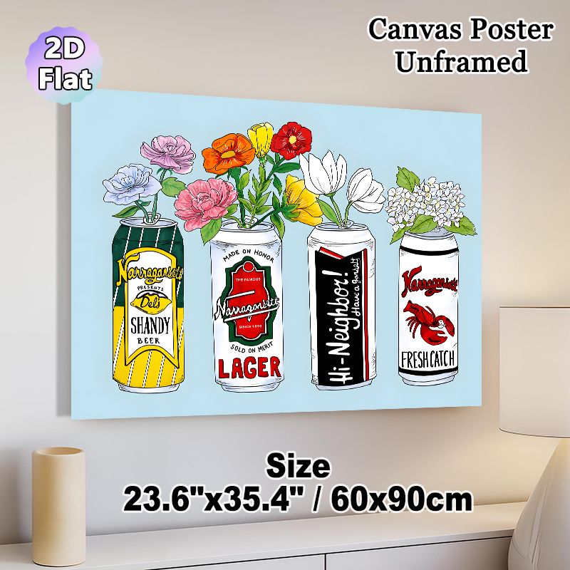 Beer Can & Floral Themed Painting Poster, Vibrant Hand-drawn Colorful Poster, Unique Decorative Design With Assorted Flowers In Styled Beer Cans_maomaolike.com