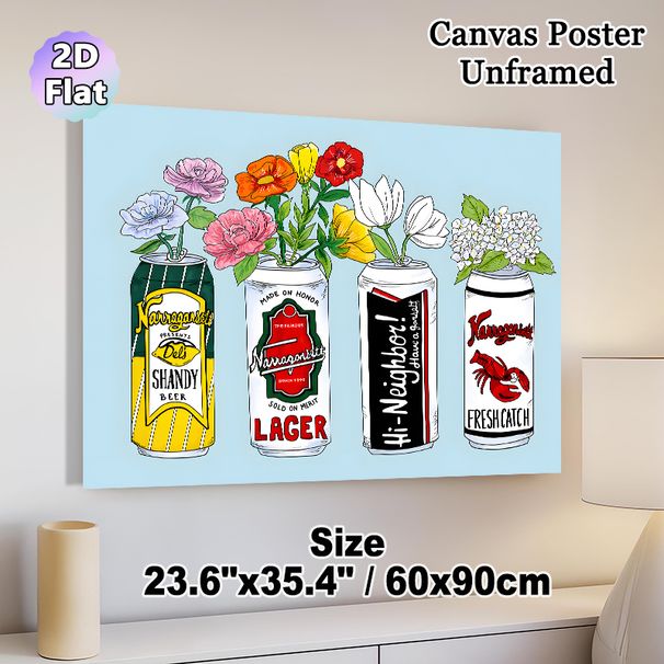 Beer Can & Floral Themed Painting Poster, Vibrant Hand-drawn Colorful Poster, Unique Decorative Design With Assorted Flowers In Styled Beer Cans_maomaolike.com