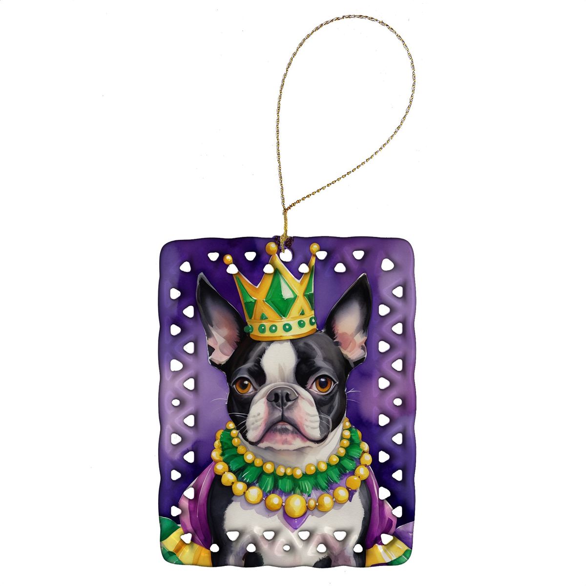 Boston Terrier King Of Mardi Gras Porcelain Ornament Christmas Tree Hanging Decorations For Home Christmas Holiday, Rectangle, Gift, Multicolor_maomaolike.com