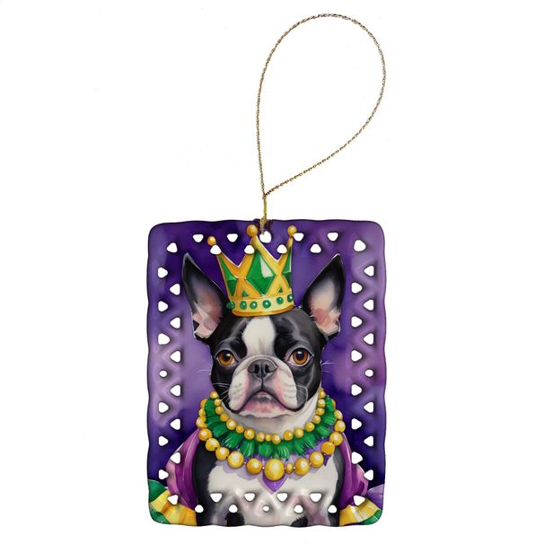 Boston Terrier King Of Mardi Gras Porcelain Ornament Christmas Tree Hanging Decorations For Home Christmas Holiday, Rectangle, Gift, Multicolor_maomaolike.com