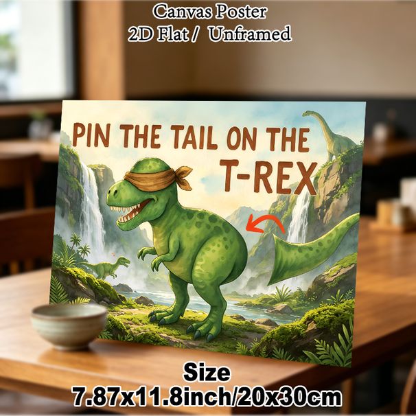 Pin The Tail On The T-Rex Themed Painting Poster, Vibrant Watercolor Prehistoric Scene With Blindfolded T-Rex Poster, Interactive Party Game Decor_maomaolike.com
