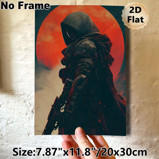 Cyberpunk Hooded Warrior Painting Poster, Dark Moody Textured Cyberpunk Poster, Striking Armored Figure With Weapon Against Fiery Red Circle, Ideal_maomaolike.com