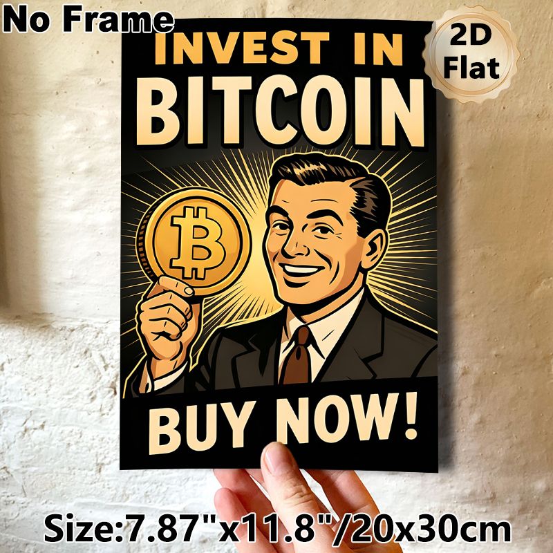 Bitcoin Investment Painting Poster, Vintage Retro Style Poster, Eye-catching Crypto-themed Design With Bold Text And Smiling Man Holding Bitcoin_maomaolike.com