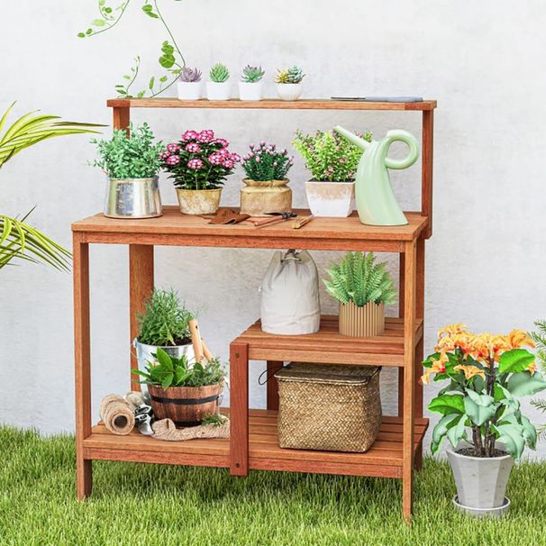 Outdoor Garden Potting Wood Planting Workstation With Open Shelves_maomaolike.com