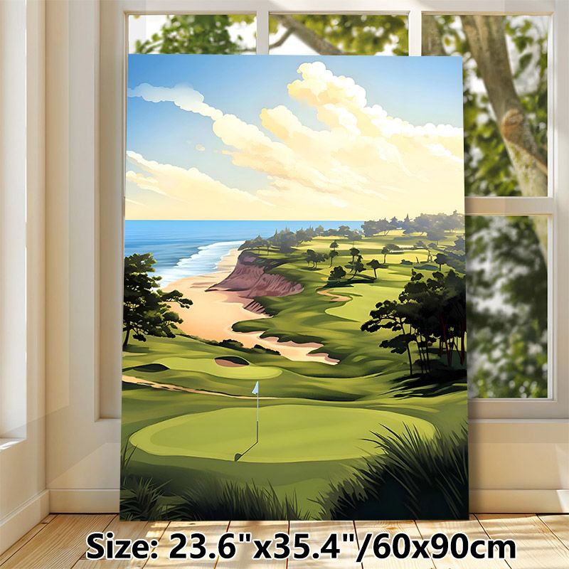 Coastal Golf Course Painting Poster, Serene Soft-illustrated Seaside Golf Course Scene Poster, Calming Scenic Decor Ideal For Home, Office & Golf Club_maomaolike.com