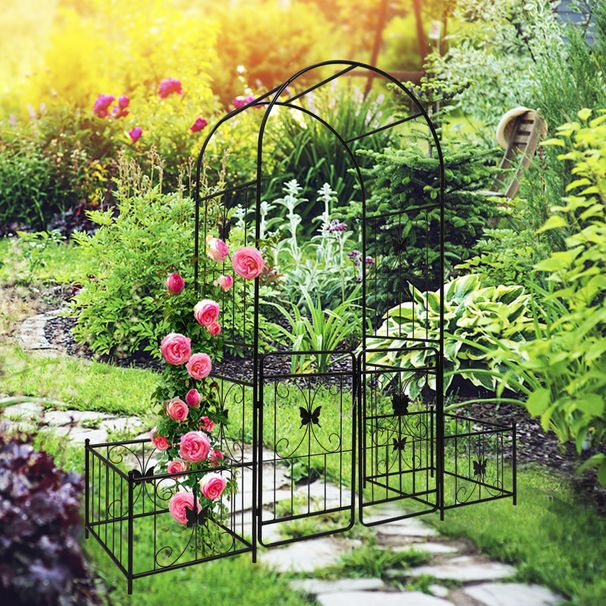 Metal Garden Arch With Gate 79.5'' Wide X 86.6'' High Climbing Plants Support Rose Arch Outdoor Black_maomaolike.com